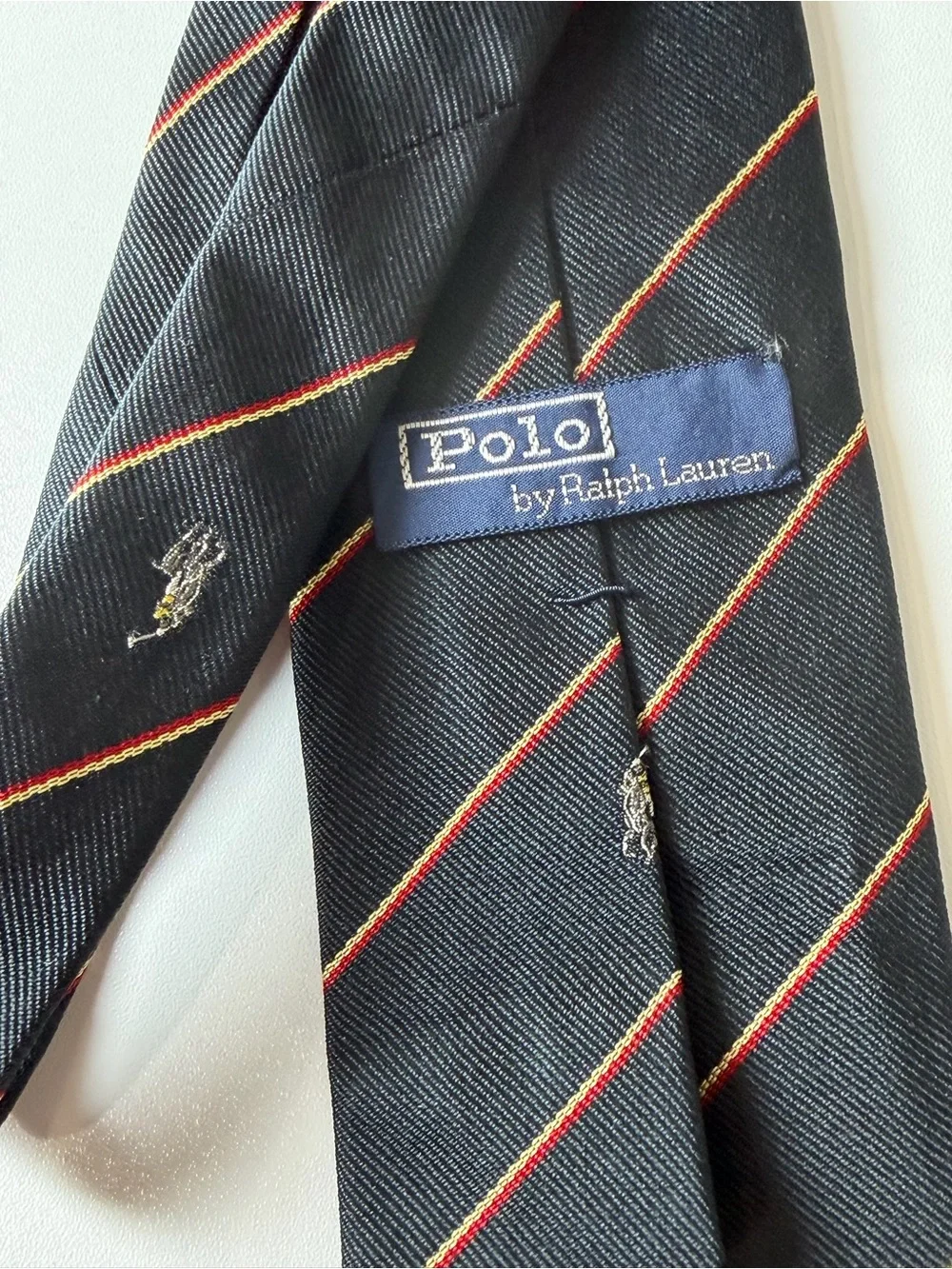 Polo Ralph Lauren Black Silk Tie with Red and Gold Embroidered Horse Logo Stripe